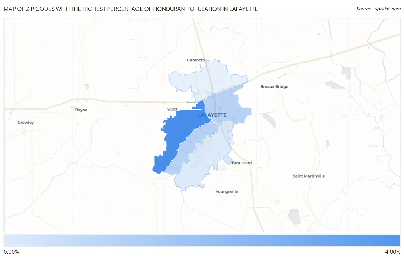 Zip Codes with the Highest Percentage of Honduran Population in Lafayette Map