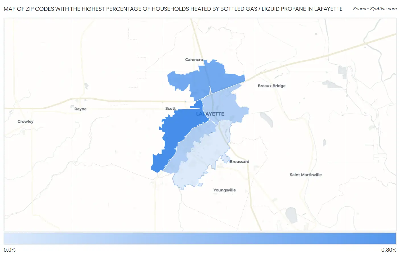 Zip Codes with the Highest Percentage of Households Heated by Bottled Gas / Liquid Propane in Lafayette Map