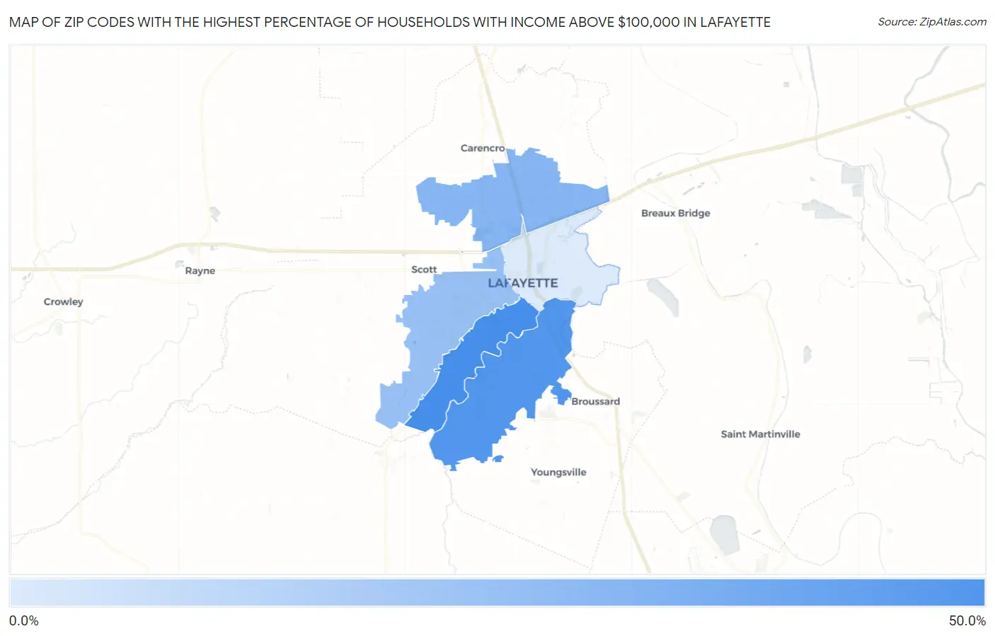 Zip Codes with the Highest Percentage of Households with Income Above $100,000 in Lafayette Map