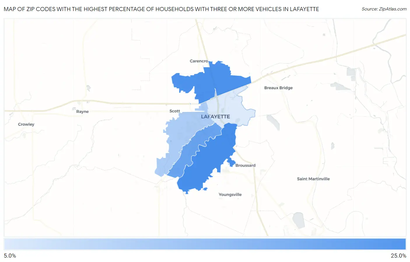 Zip Codes with the Highest Percentage of Households With Three or more Vehicles in Lafayette Map