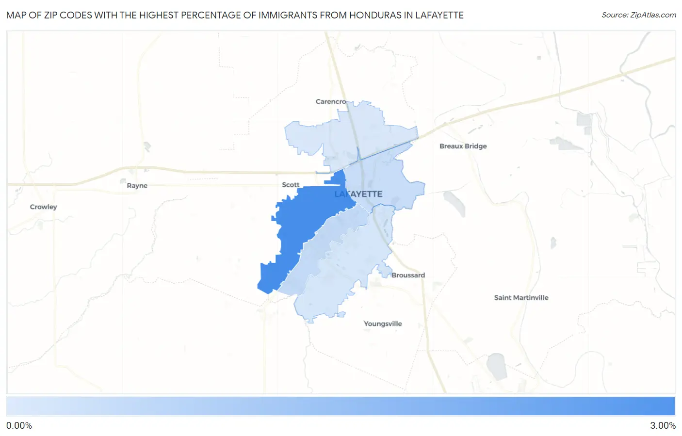 Zip Codes with the Highest Percentage of Immigrants from Honduras in Lafayette Map