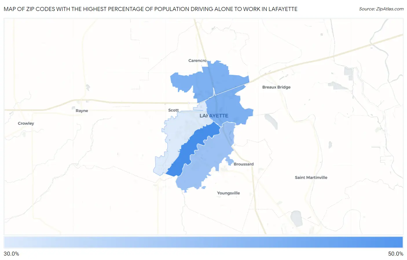 Zip Codes with the Highest Percentage of Population Driving Alone to Work in Lafayette Map
