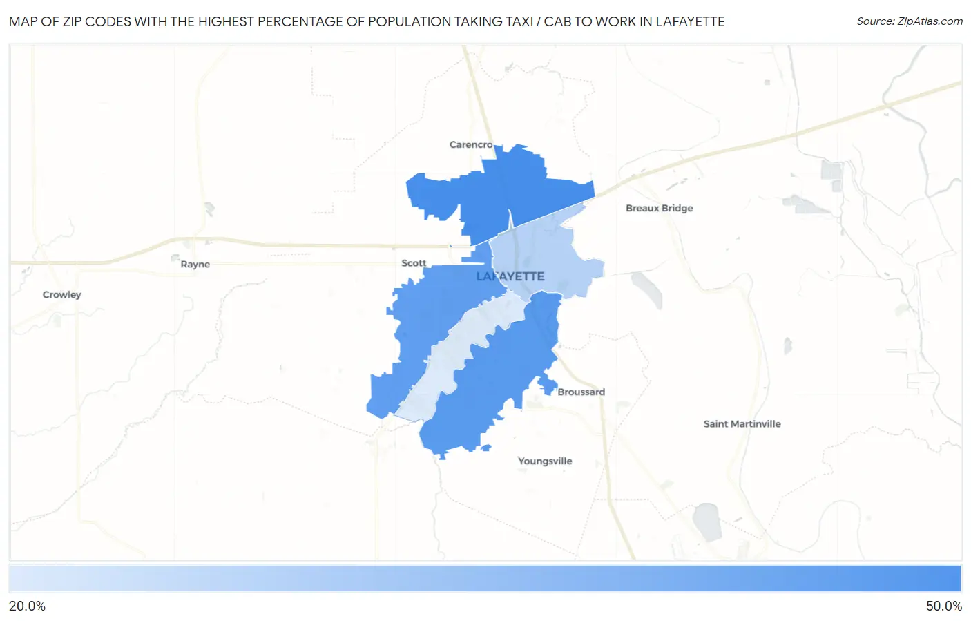 Zip Codes with the Highest Percentage of Population Taking Taxi / Cab to Work in Lafayette Map