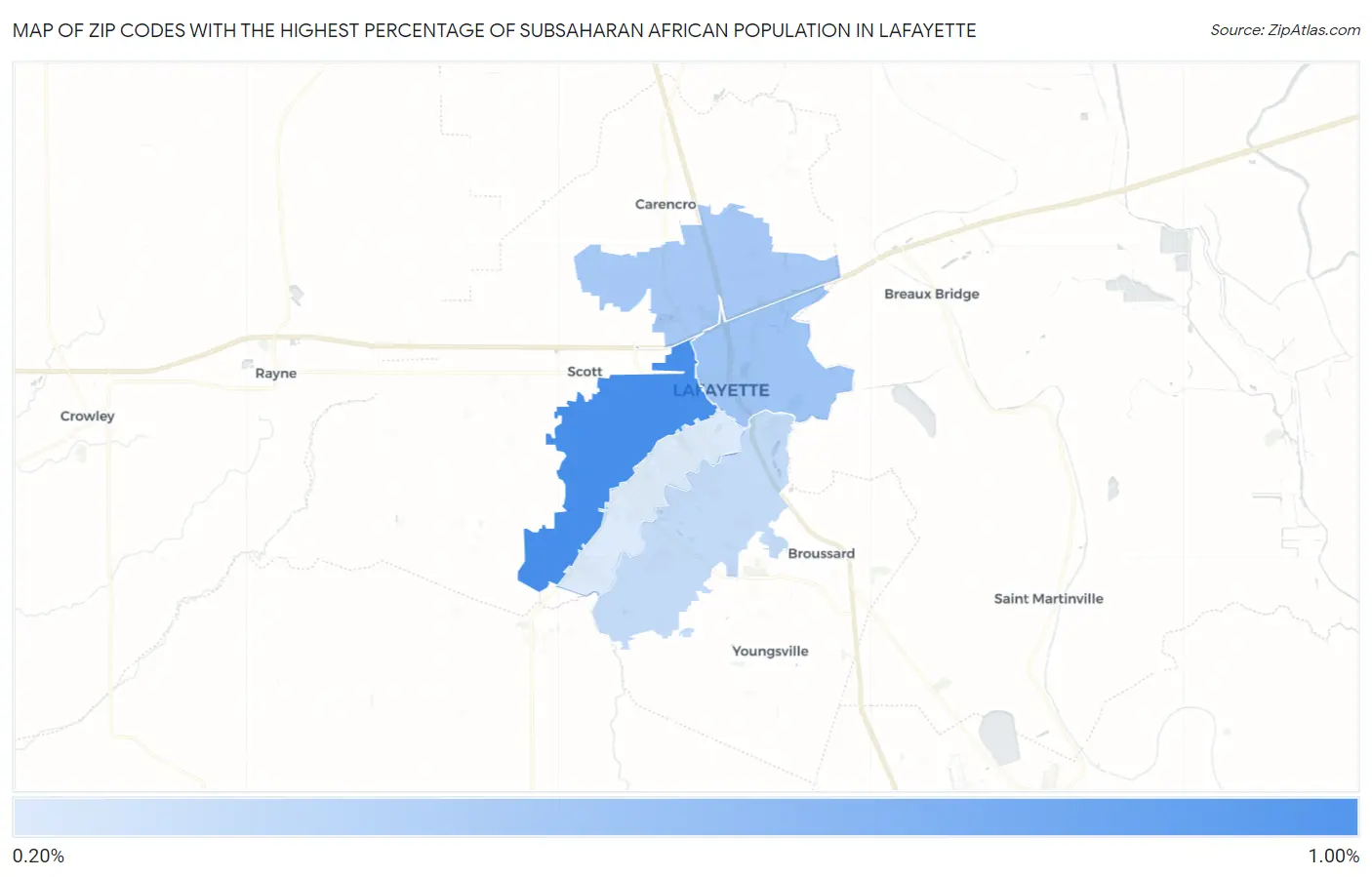 Zip Codes with the Highest Percentage of Subsaharan African Population in Lafayette Map