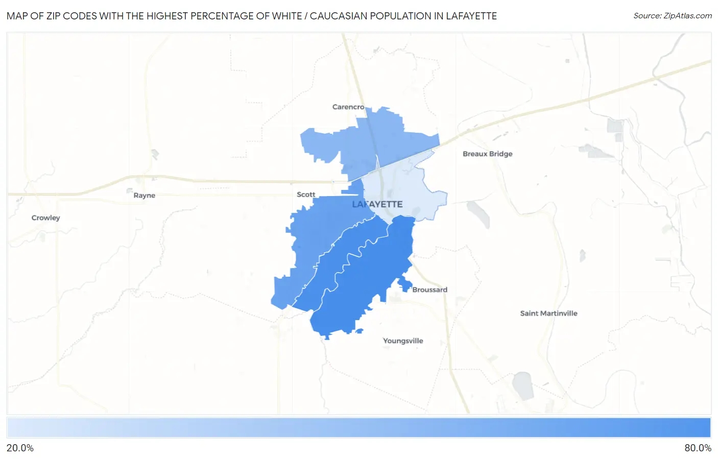 Zip Codes with the Highest Percentage of White / Caucasian Population in Lafayette Map