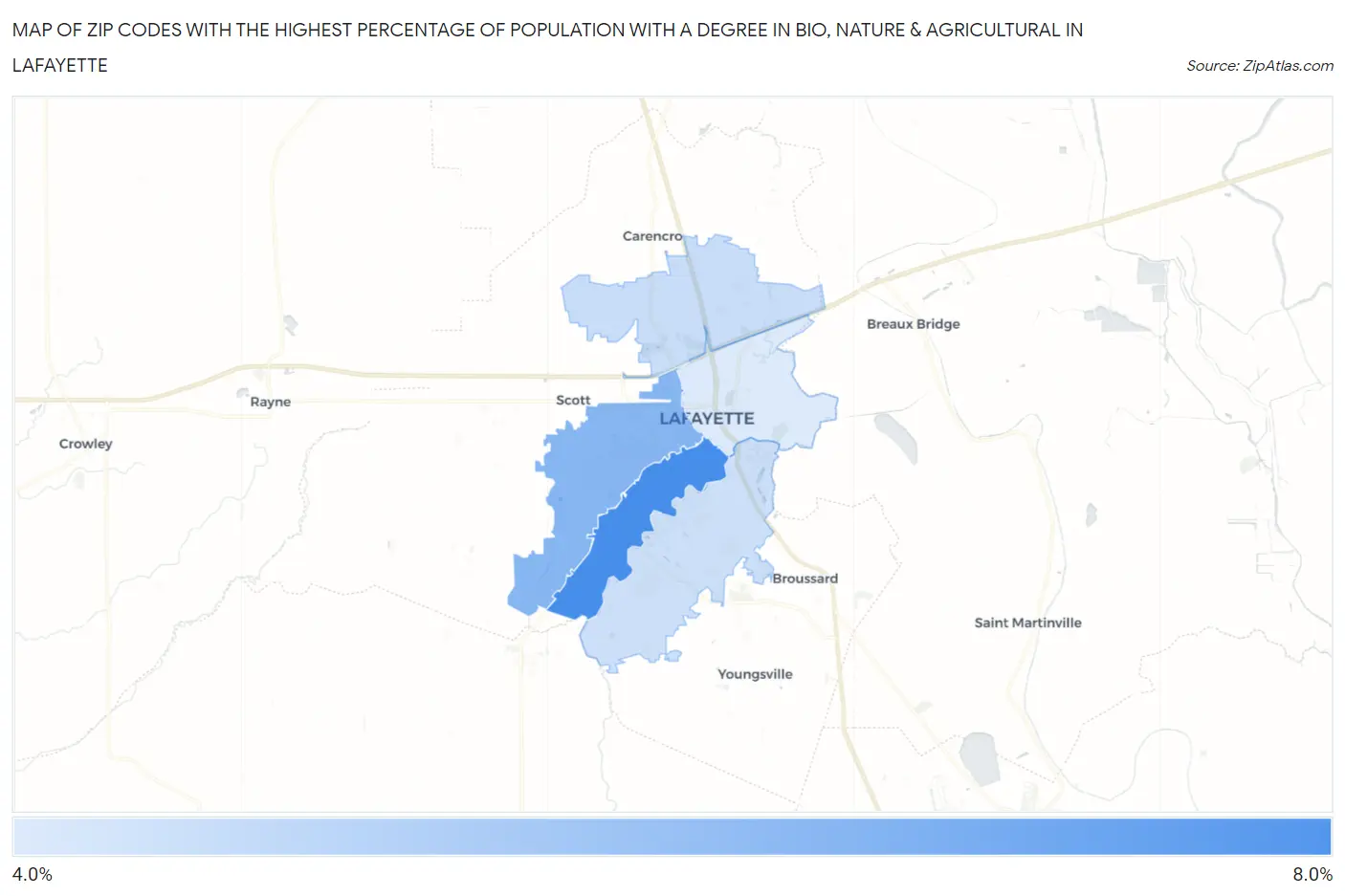 Zip Codes with the Highest Percentage of Population with a Degree in Bio, Nature & Agricultural in Lafayette Map