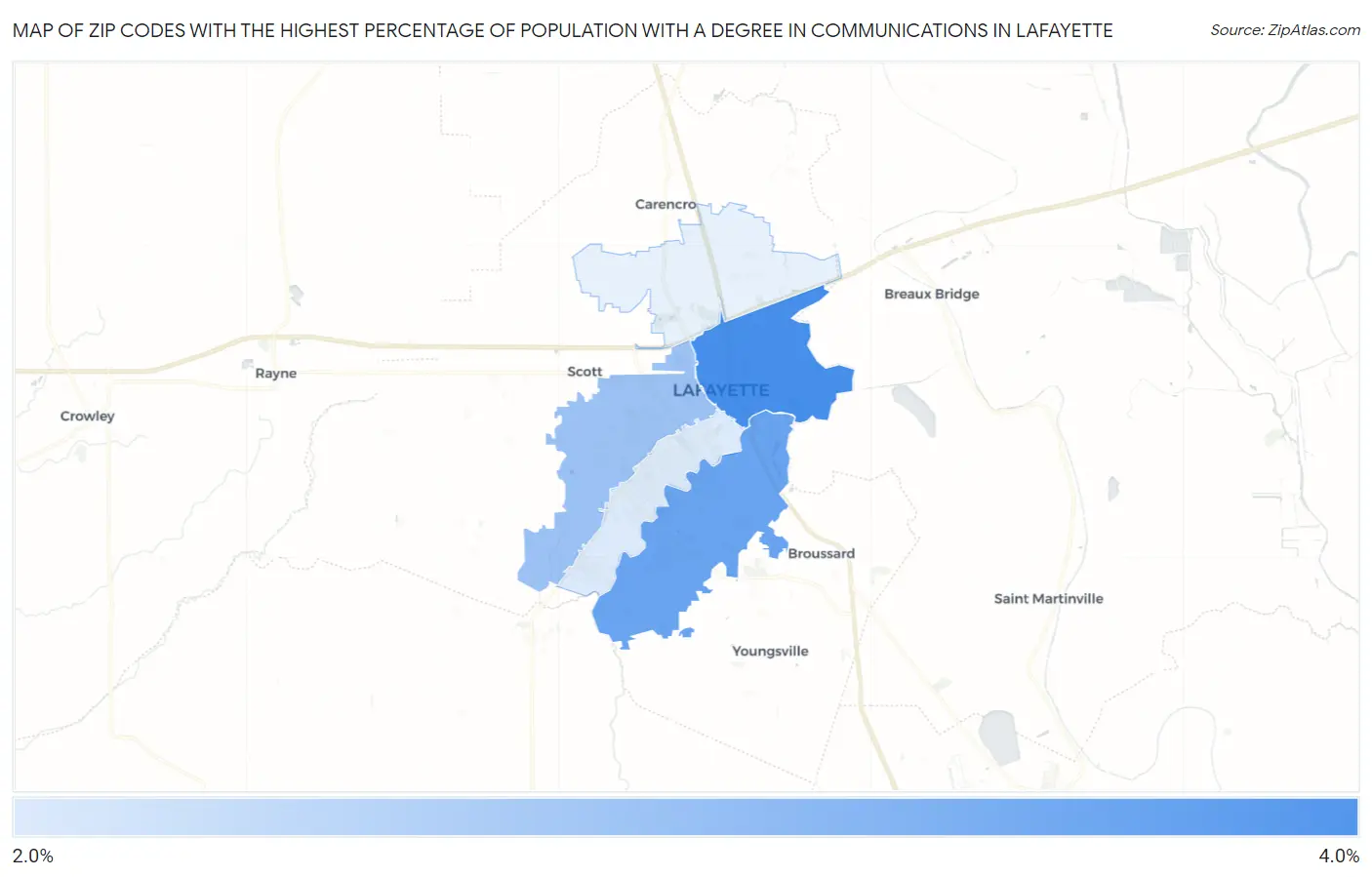 Zip Codes with the Highest Percentage of Population with a Degree in Communications in Lafayette Map