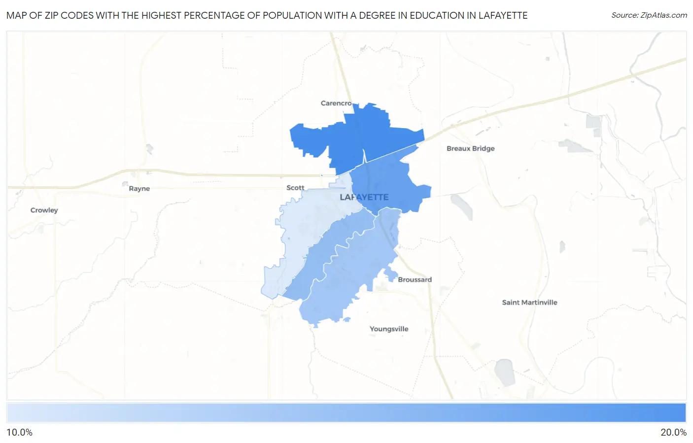 Zip Codes with the Highest Percentage of Population with a Degree in Education in Lafayette Map