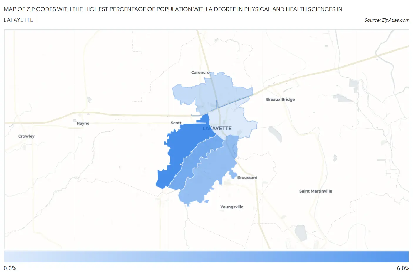 Zip Codes with the Highest Percentage of Population with a Degree in Physical and Health Sciences in Lafayette Map