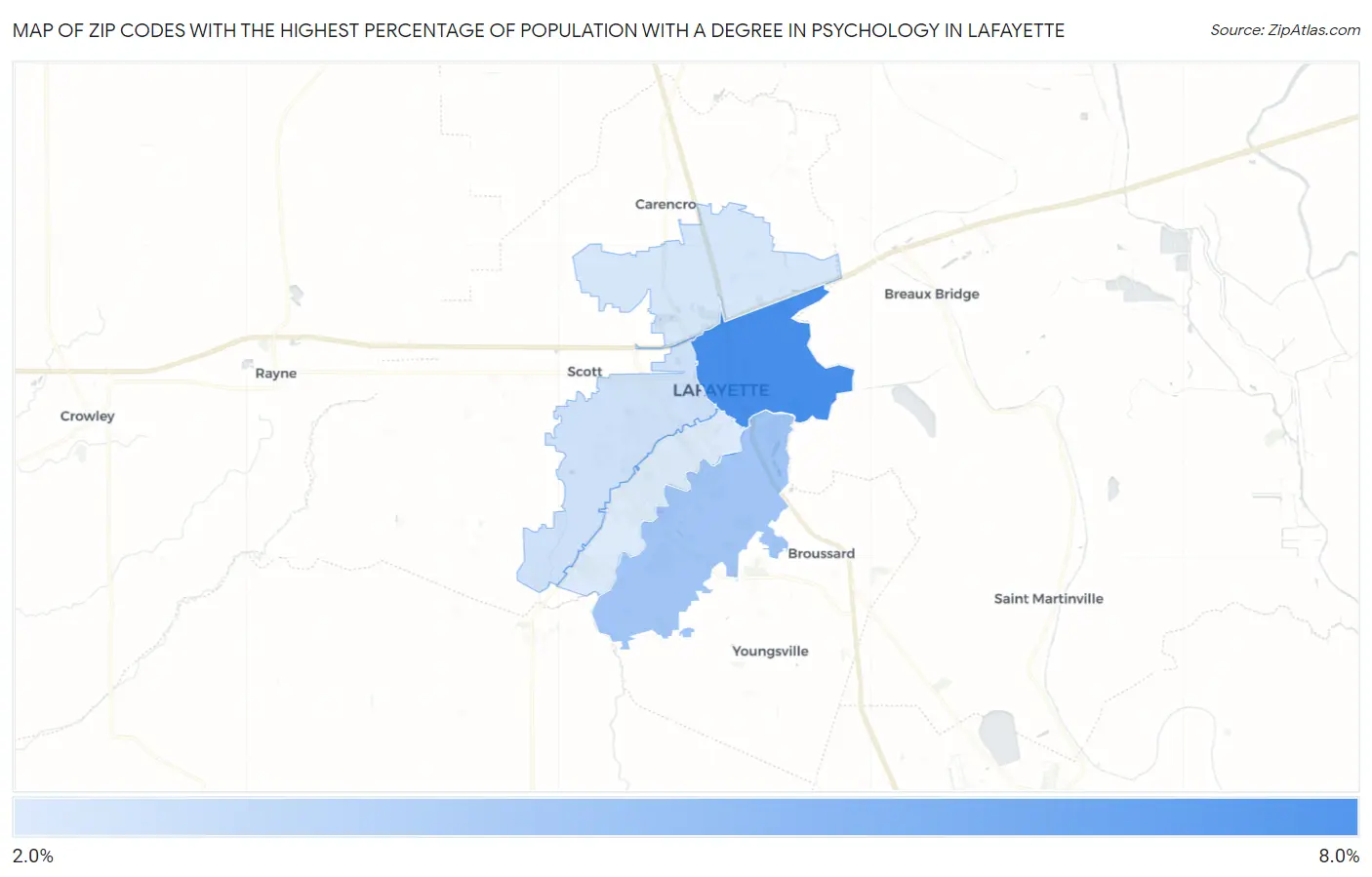 Zip Codes with the Highest Percentage of Population with a Degree in Psychology in Lafayette Map