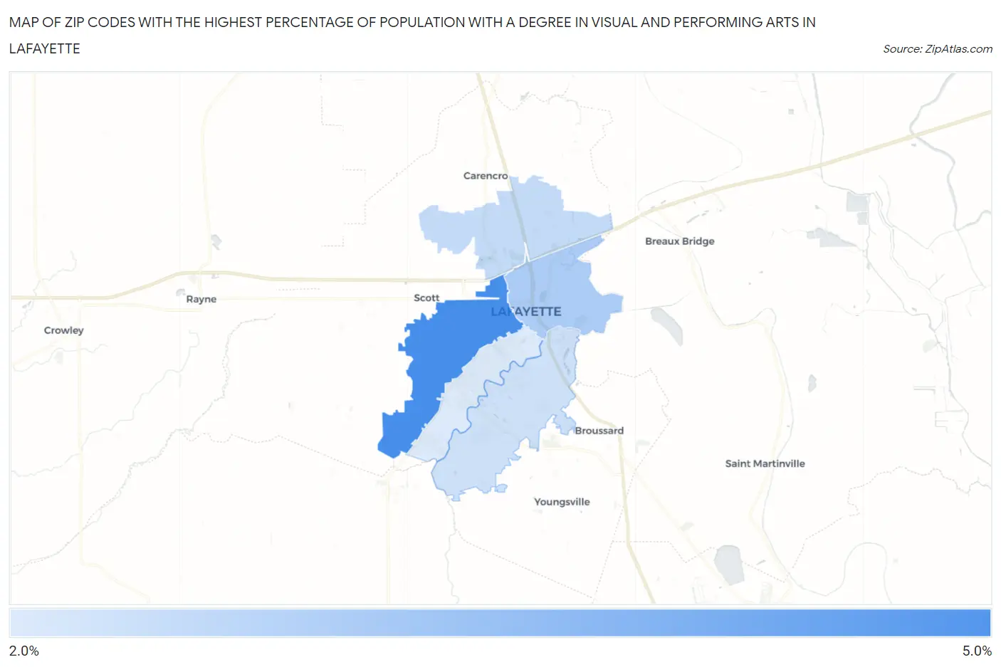 Zip Codes with the Highest Percentage of Population with a Degree in Visual and Performing Arts in Lafayette Map
