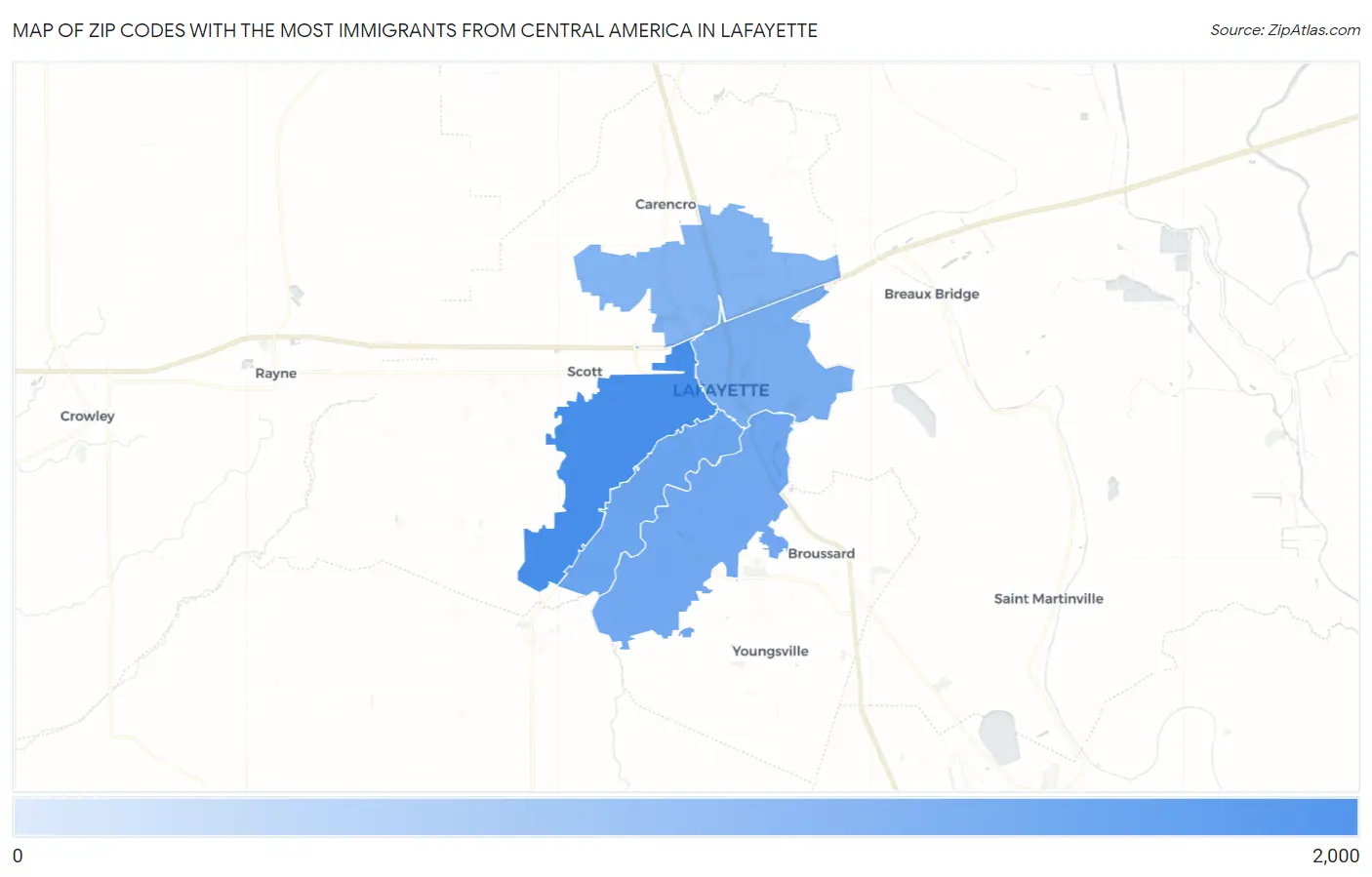 Zip Codes with the Most Immigrants from Central America in Lafayette Map