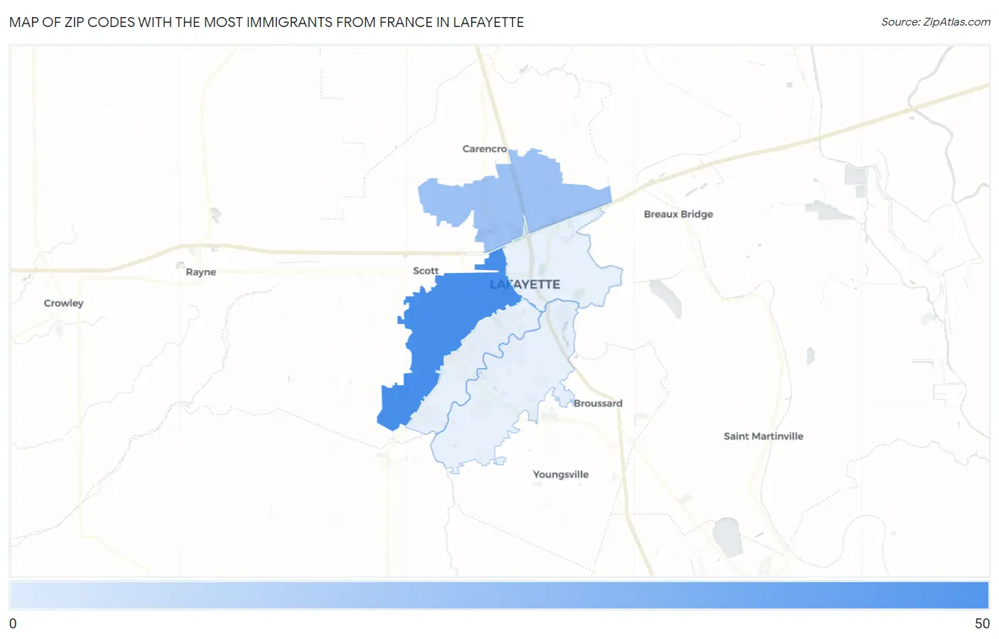 Zip Codes with the Most Immigrants from France in Lafayette Map