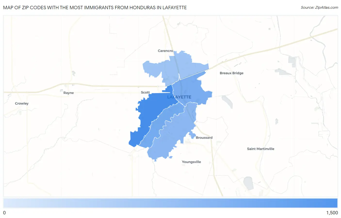 Zip Codes with the Most Immigrants from Honduras in Lafayette Map