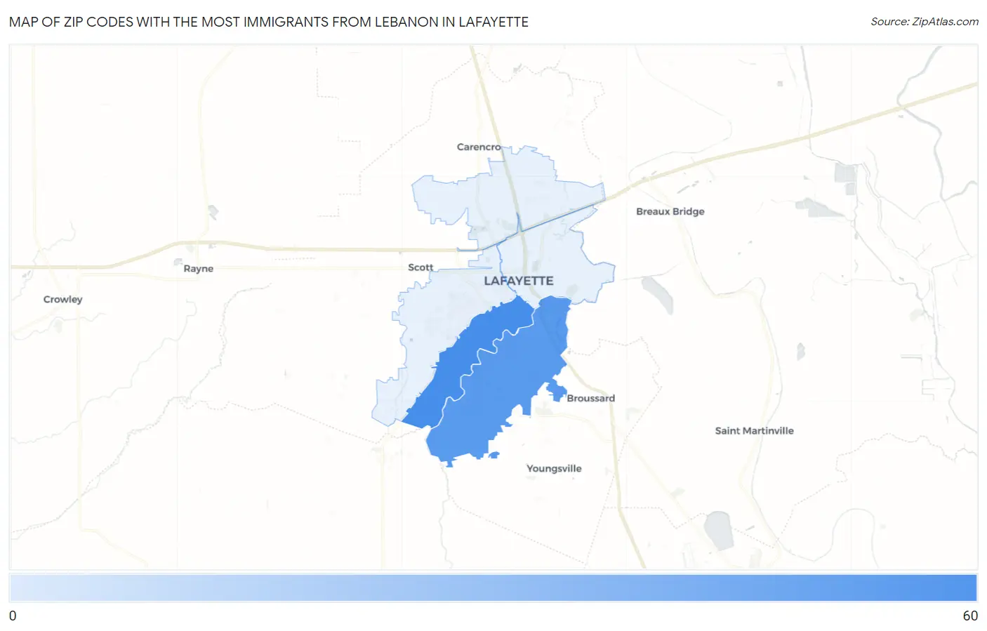 Zip Codes with the Most Immigrants from Lebanon in Lafayette Map