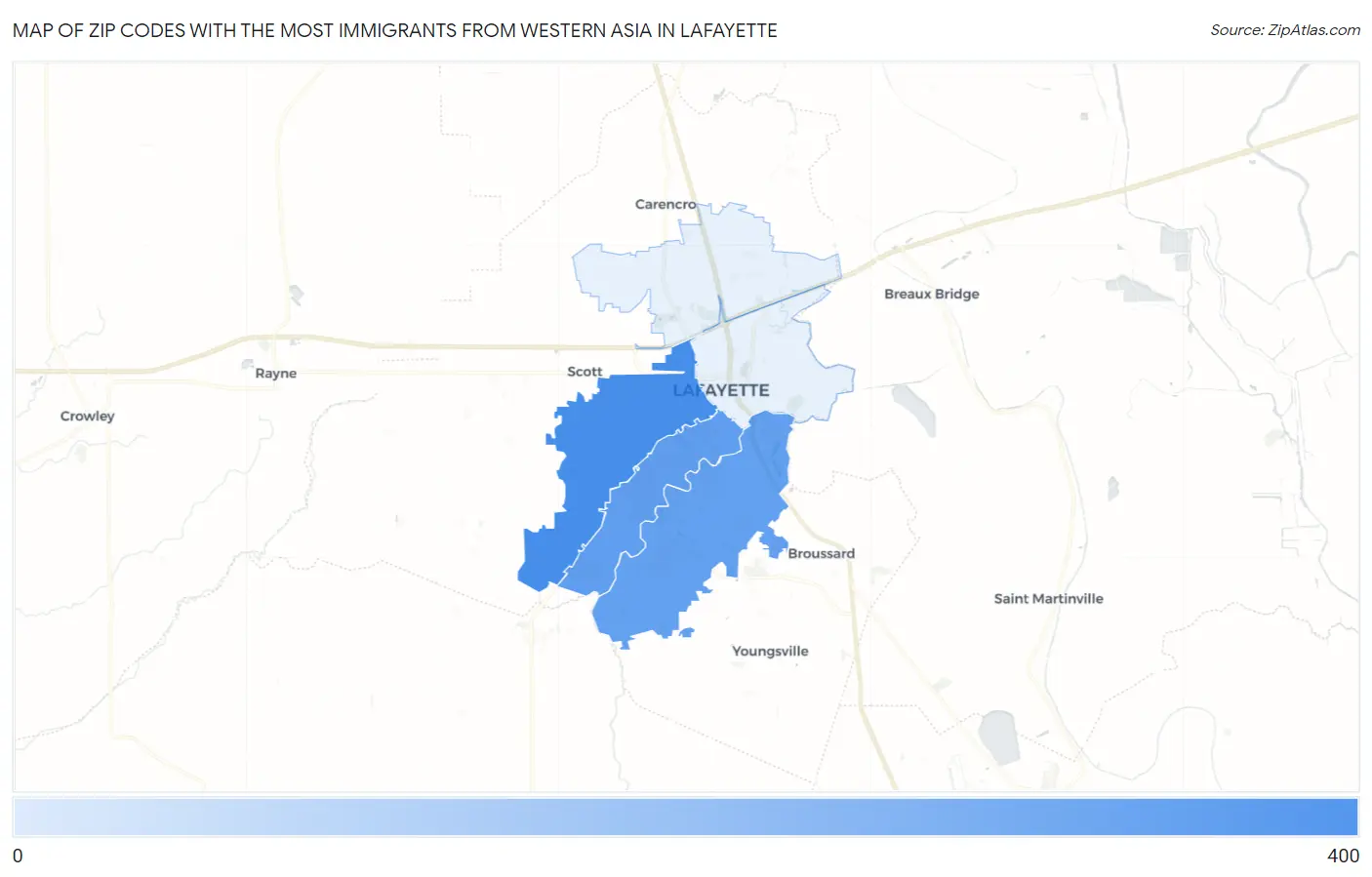 Zip Codes with the Most Immigrants from Western Asia in Lafayette Map