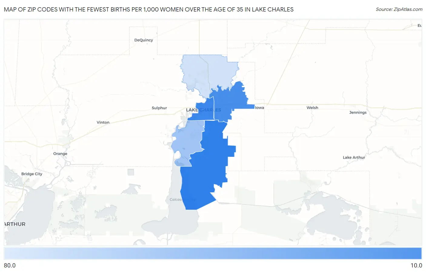 Zip Codes with the Fewest Births per 1,000 Women Over the Age of 35 in Lake Charles Map