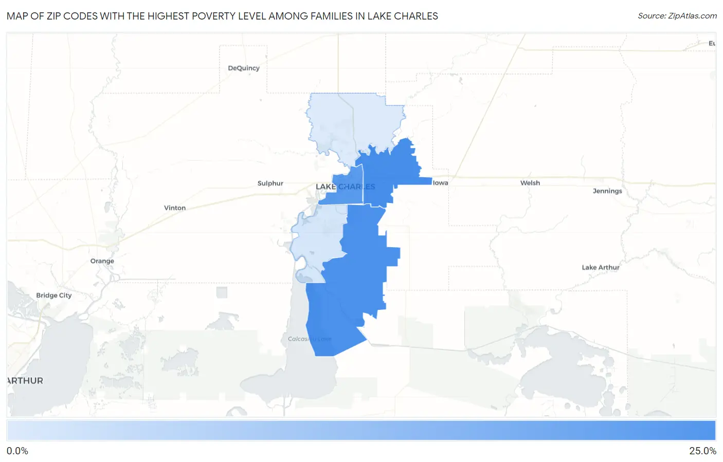 Zip Codes with the Highest Poverty Level Among Families in Lake Charles Map