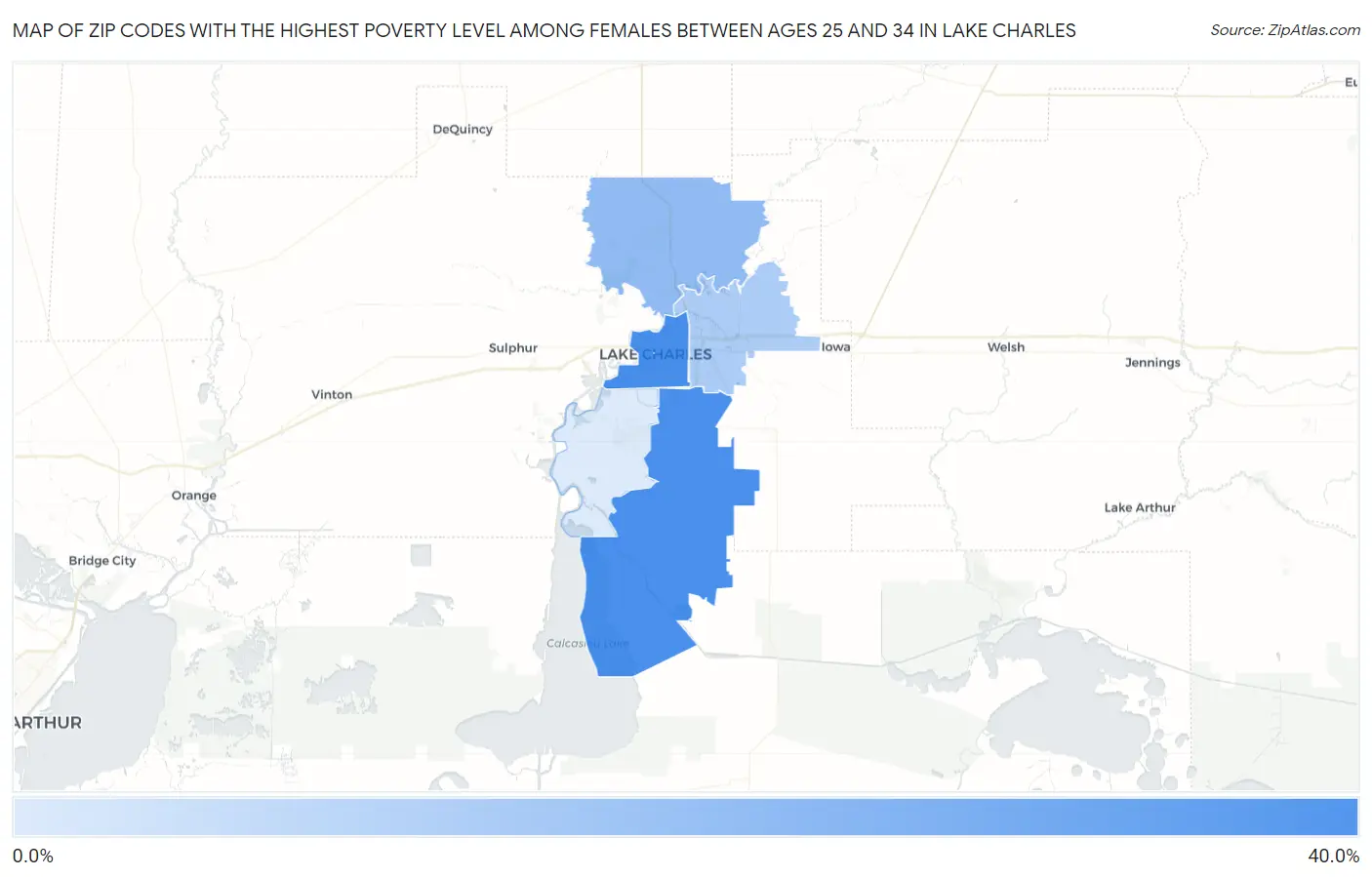 Zip Codes with the Highest Poverty Level Among Females Between Ages 25 and 34 in Lake Charles Map