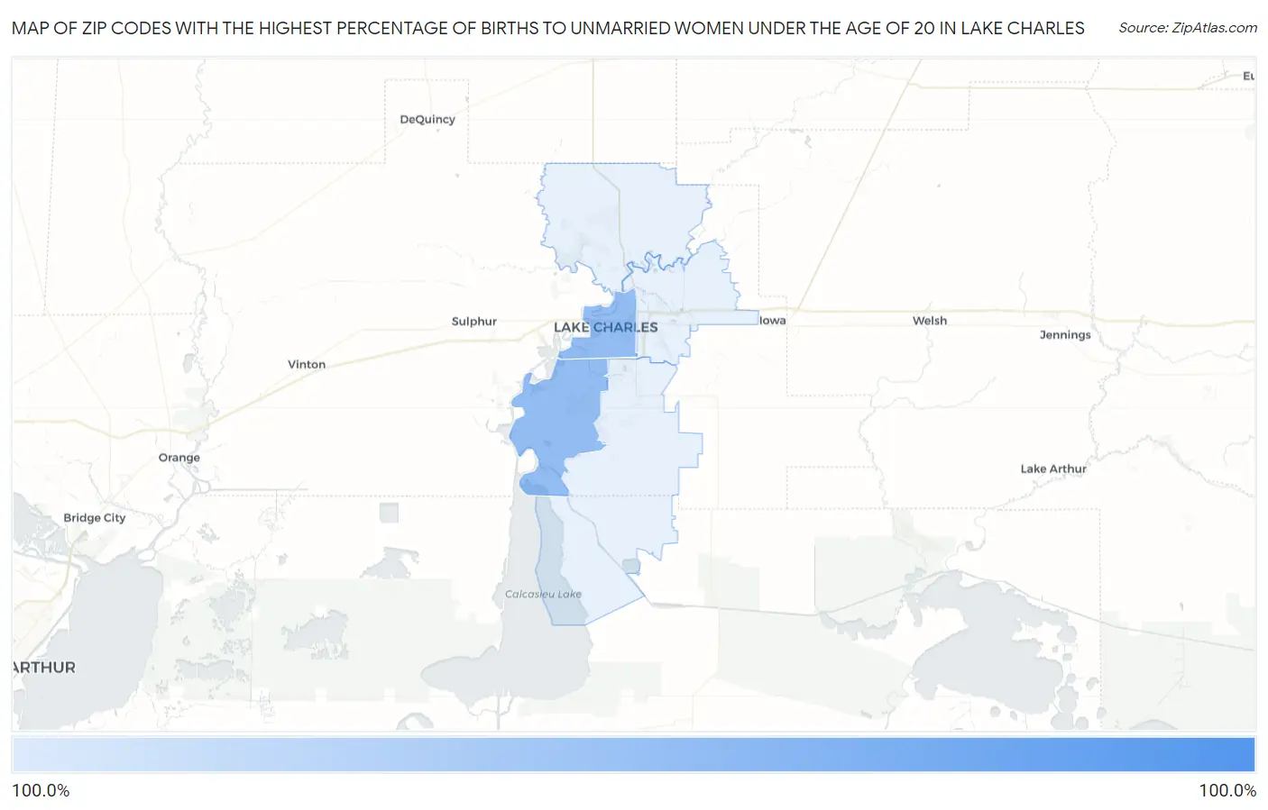 Zip Codes with the Highest Percentage of Births to Unmarried Women under the Age of 20 in Lake Charles Map