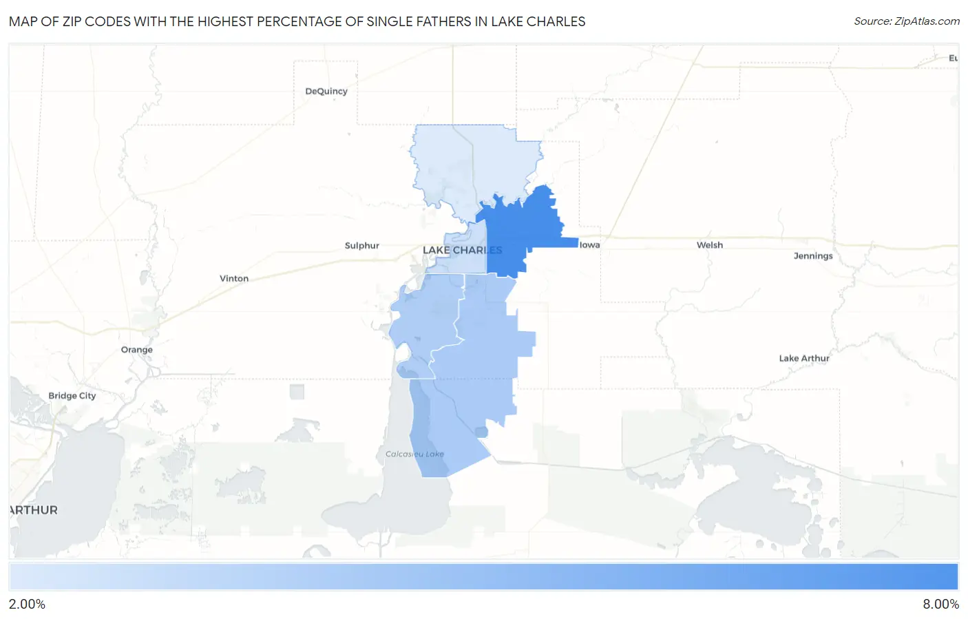 Zip Codes with the Highest Percentage of Single Fathers in Lake Charles Map