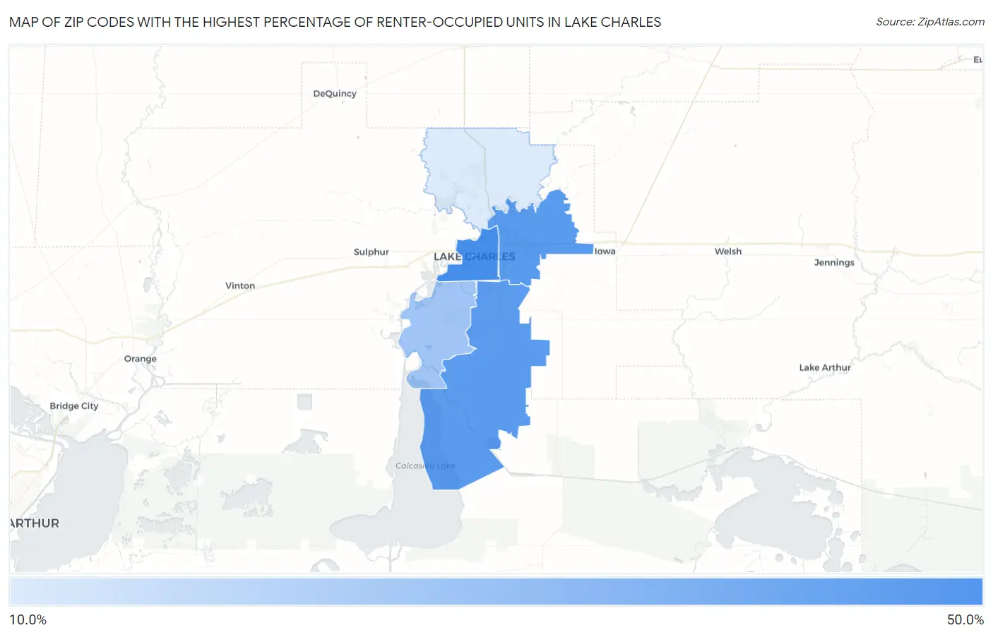Zip Codes with the Highest Percentage of Renter-Occupied Units in Lake Charles Map