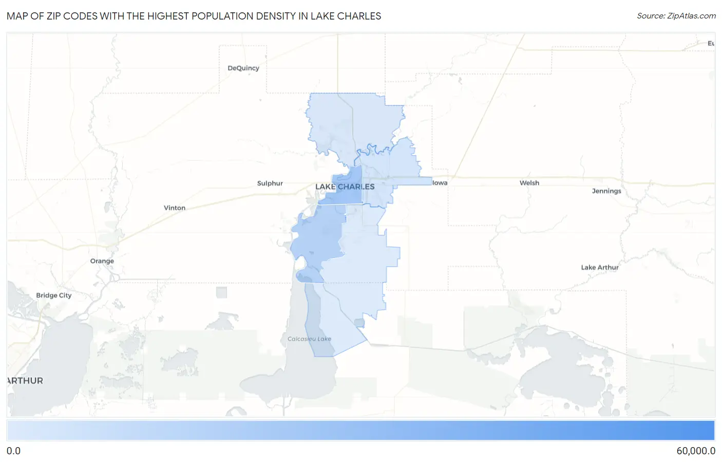 Zip Codes with the Highest Population Density in Lake Charles Map