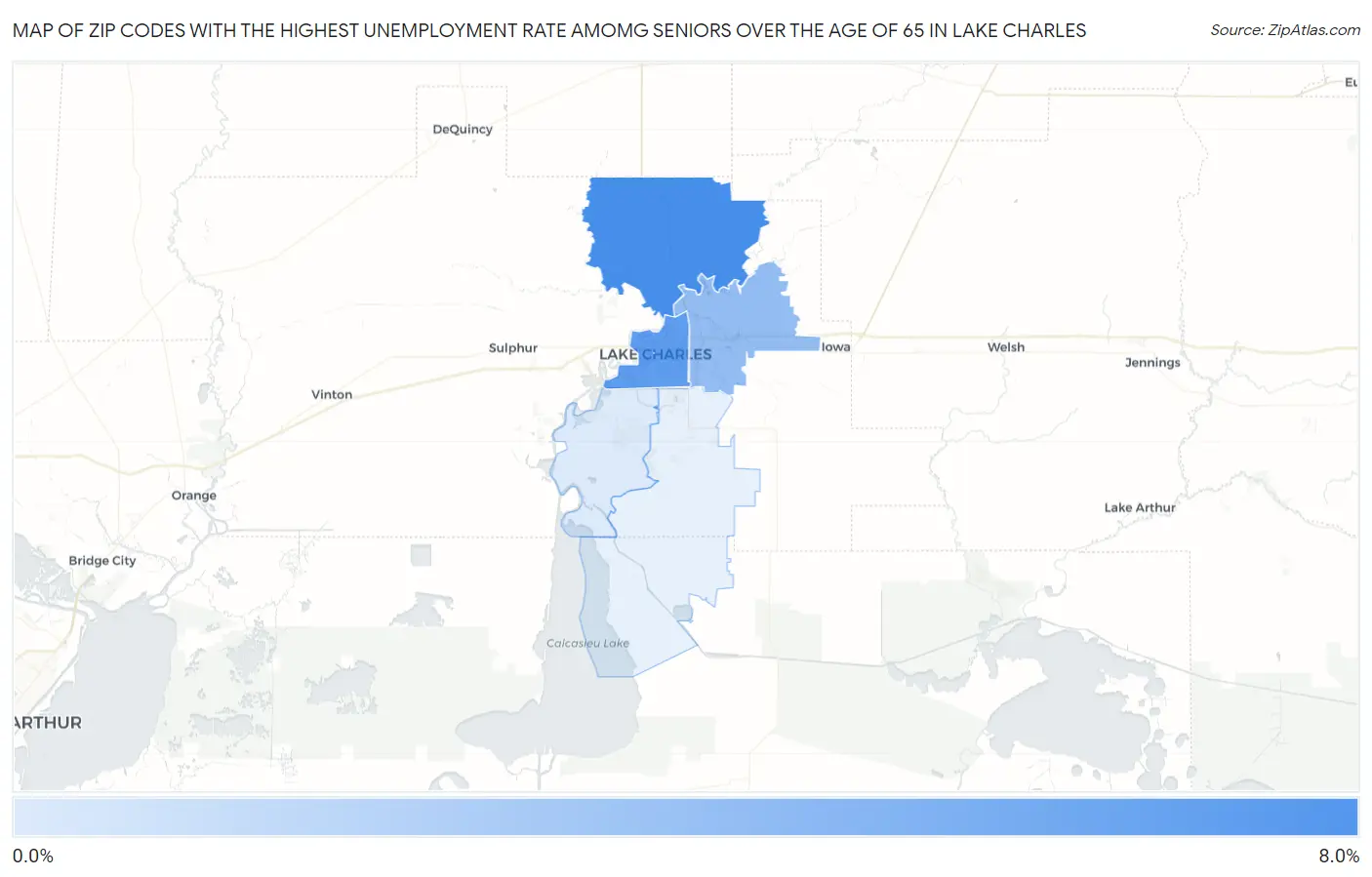 Zip Codes with the Highest Unemployment Rate Amomg Seniors Over the Age of 65 in Lake Charles Map