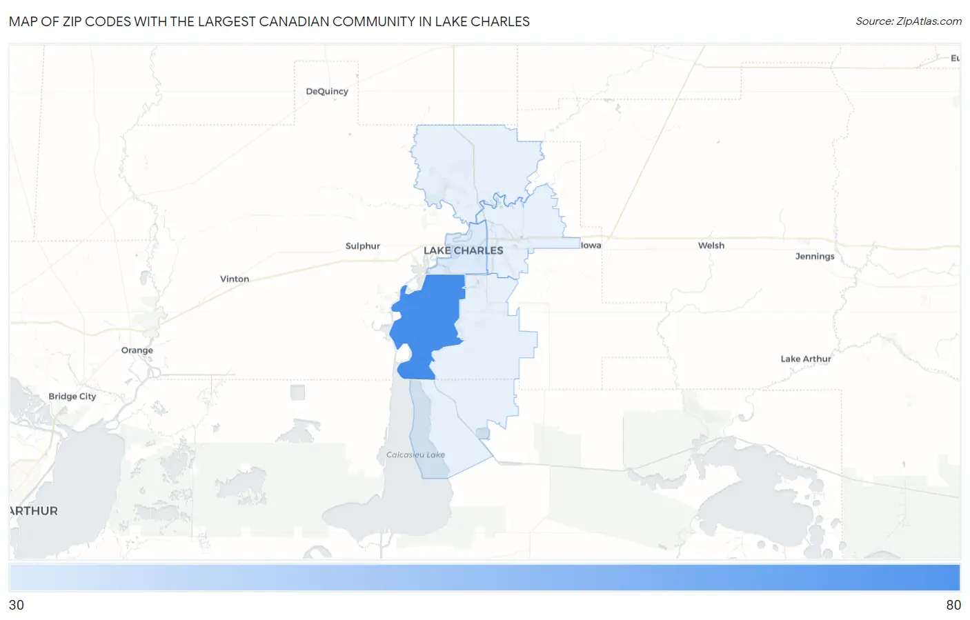 Zip Codes with the Largest Canadian Community in Lake Charles Map