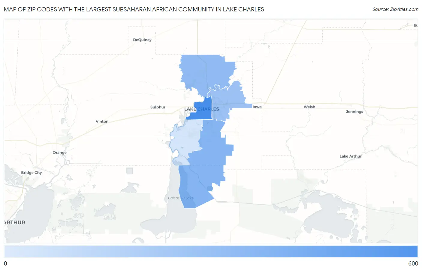 Zip Codes with the Largest Subsaharan African Community in Lake Charles Map