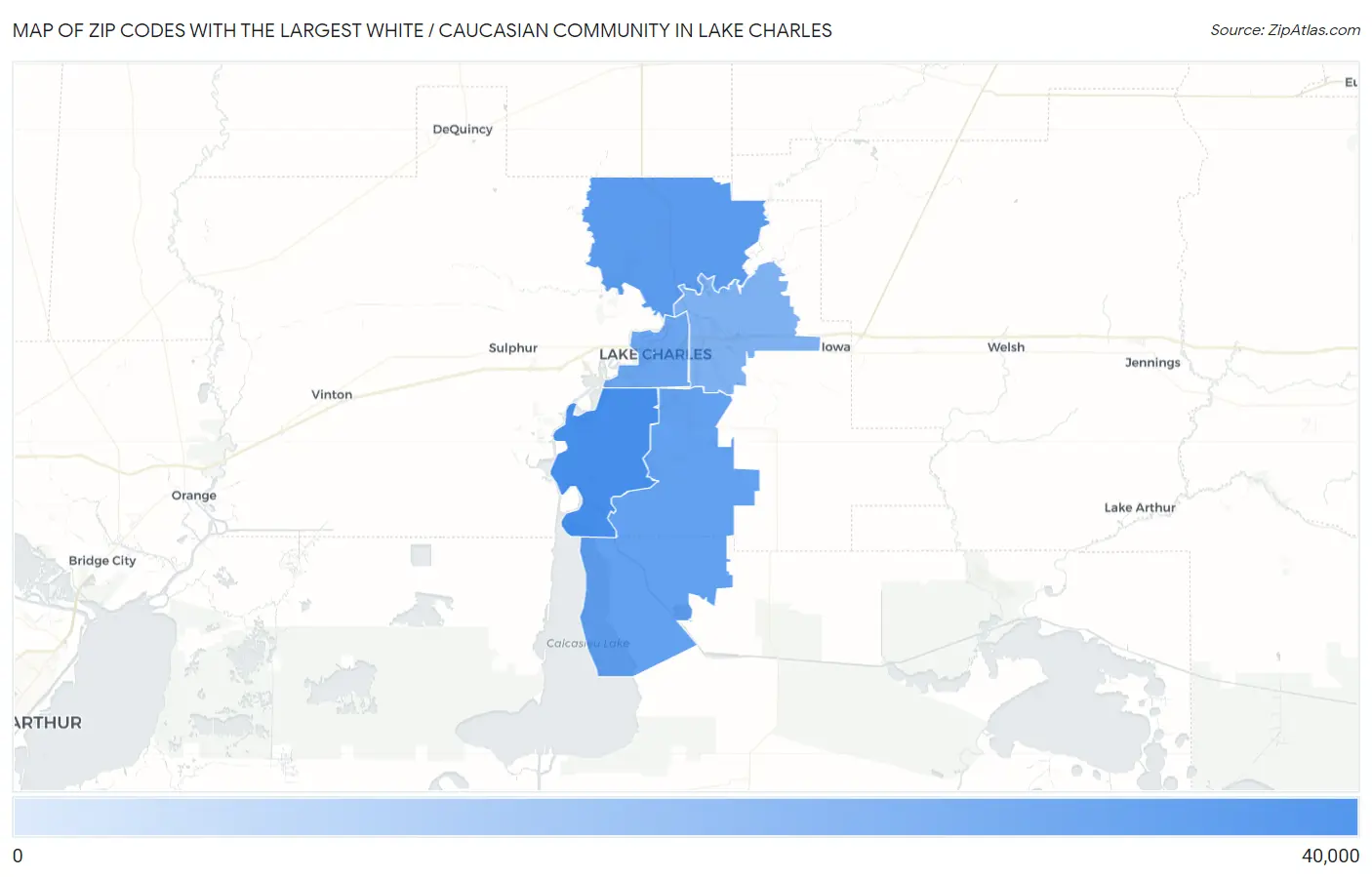 Zip Codes with the Largest White / Caucasian Community in Lake Charles Map