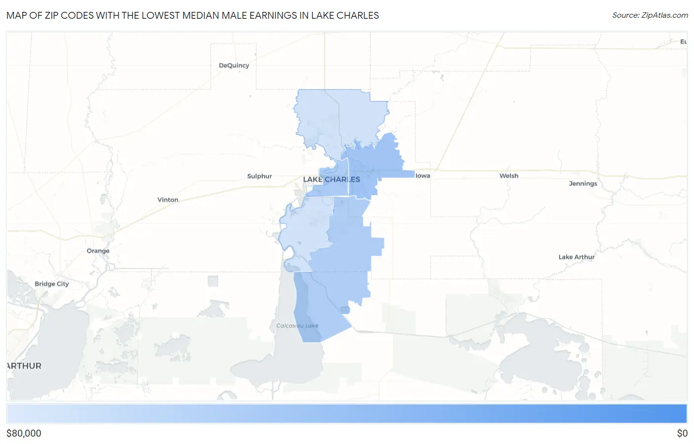 Zip Codes with the Lowest Median Male Earnings in Lake Charles Map