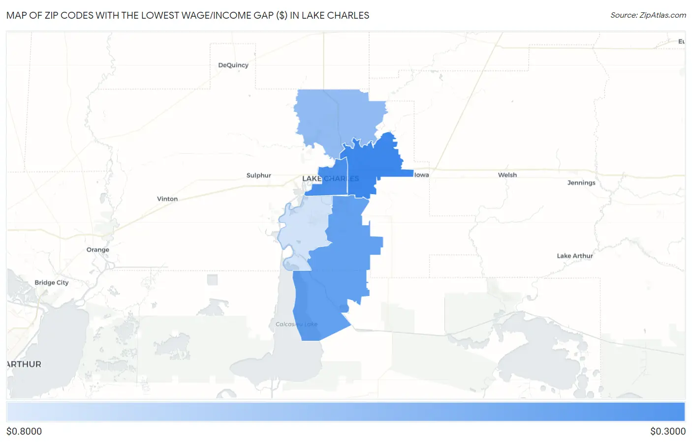 Zip Codes with the Lowest Wage/Income Gap ($) in Lake Charles Map