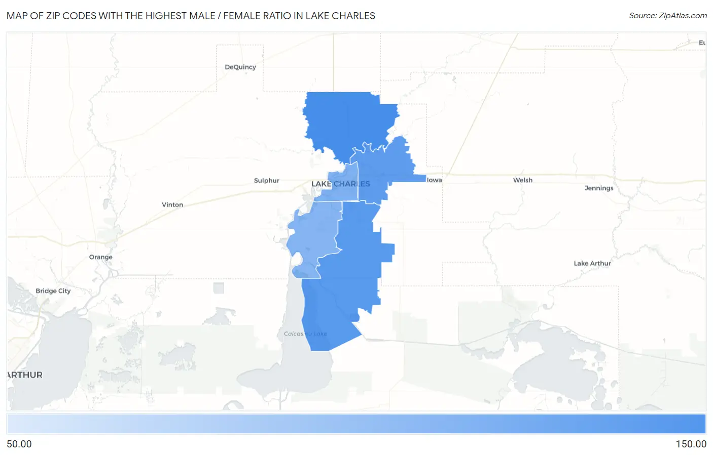 Zip Codes with the Highest Male / Female Ratio in Lake Charles Map