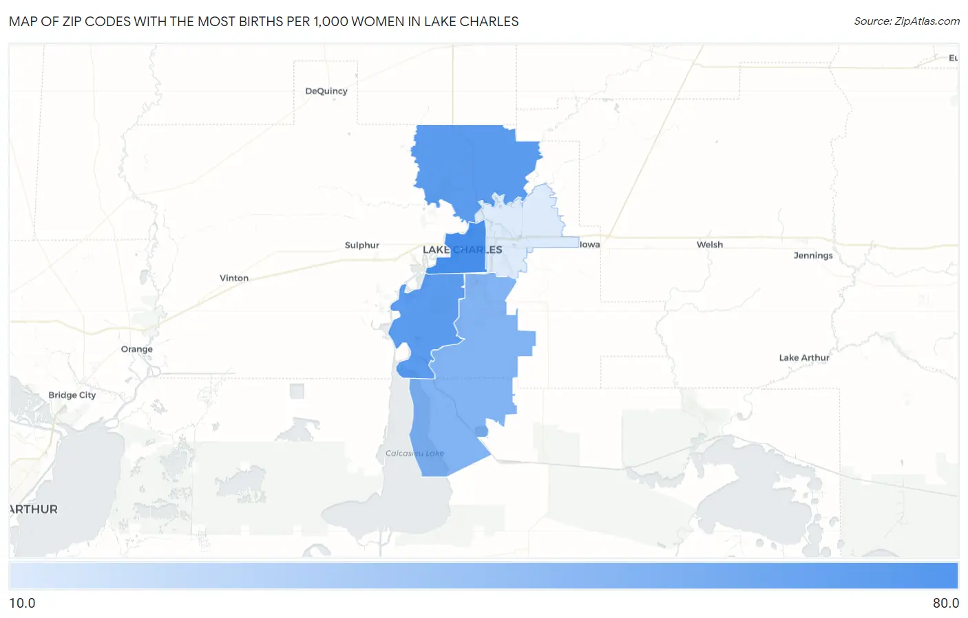 Zip Codes with the Most Births per 1,000 Women in Lake Charles Map