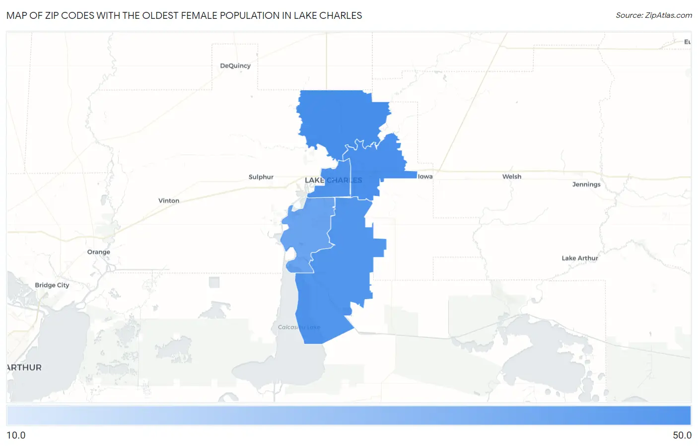 Zip Codes with the Oldest Female Population in Lake Charles Map