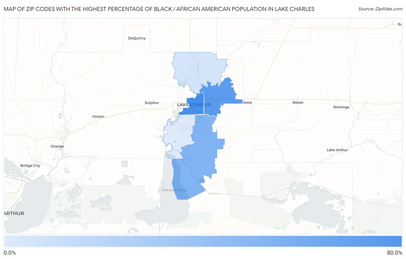 Zip Codes with the Highest Percentage of Black / African American Population in Lake Charles Map