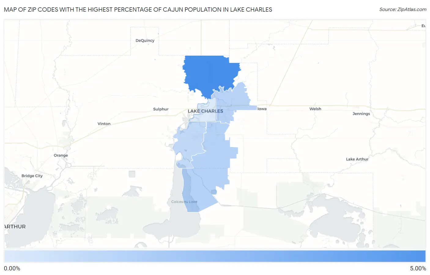 Zip Codes with the Highest Percentage of Cajun Population in Lake Charles Map