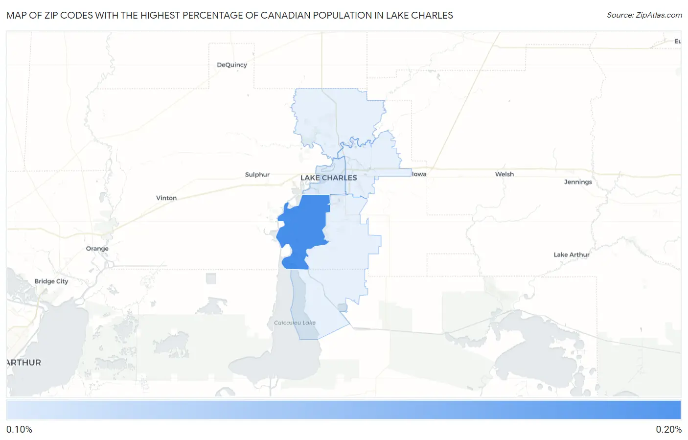 Zip Codes with the Highest Percentage of Canadian Population in Lake Charles Map