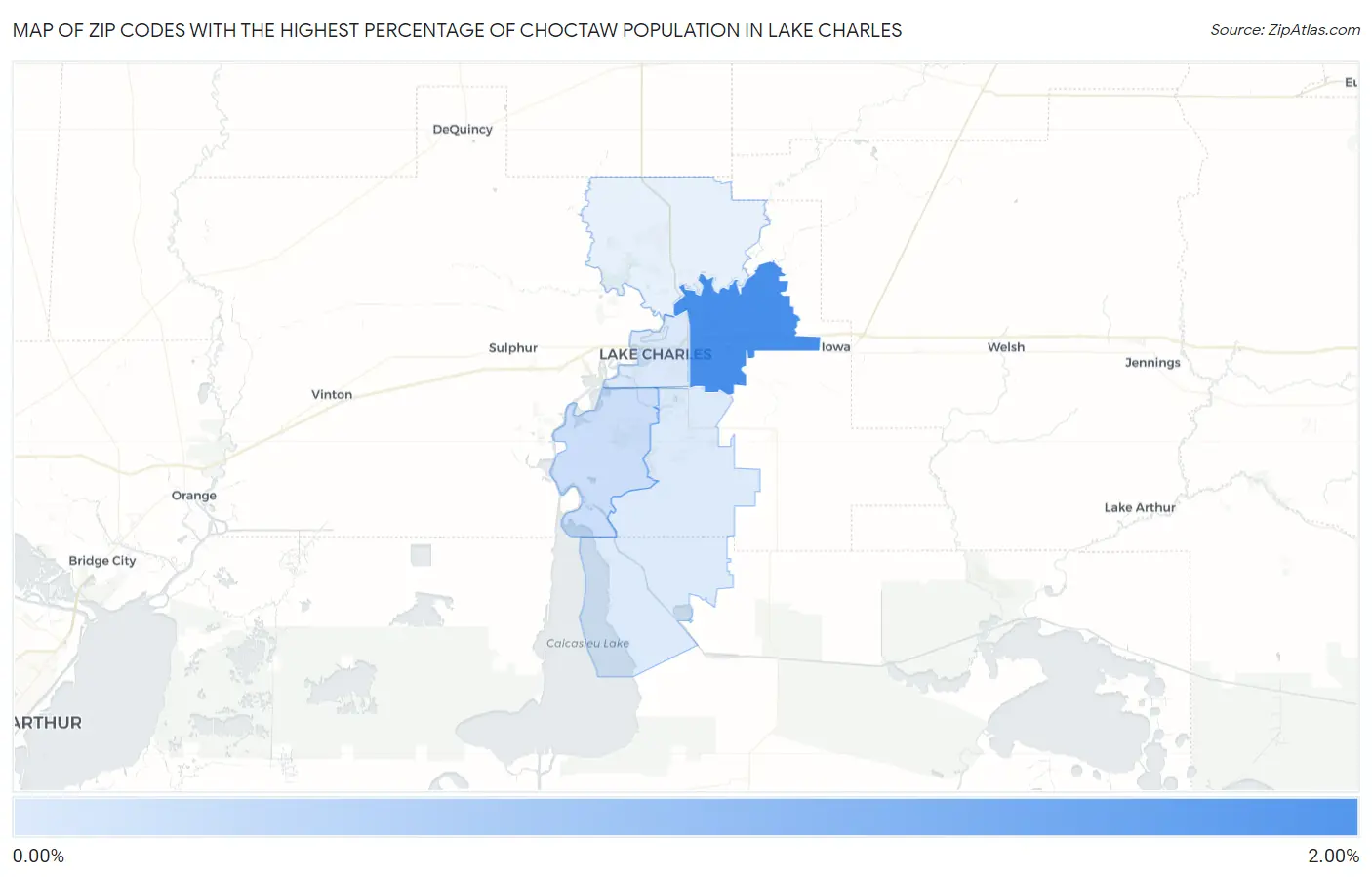 Zip Codes with the Highest Percentage of Choctaw Population in Lake Charles Map