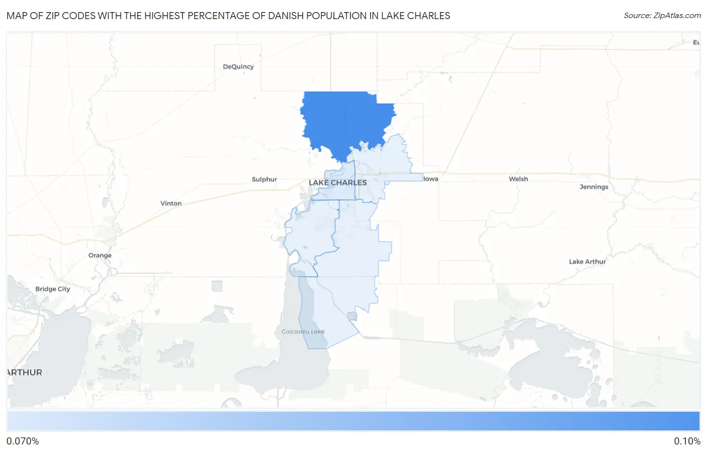 Zip Codes with the Highest Percentage of Danish Population in Lake Charles Map