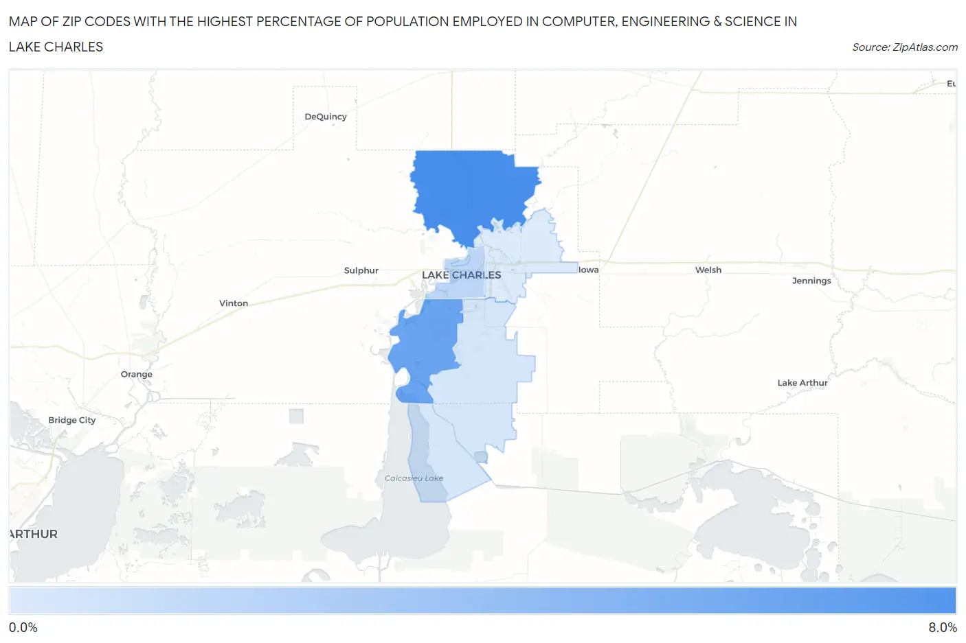 Zip Codes with the Highest Percentage of Population Employed in Computer, Engineering & Science in Lake Charles Map