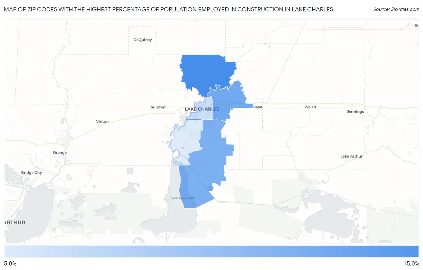 Zip Codes with the Highest Percentage of Population Employed in Construction in Lake Charles Map