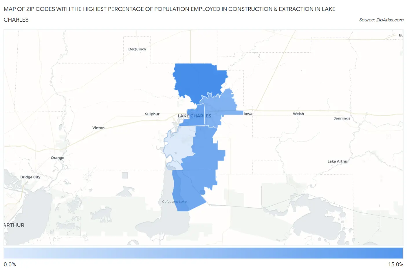 Zip Codes with the Highest Percentage of Population Employed in Construction & Extraction in Lake Charles Map