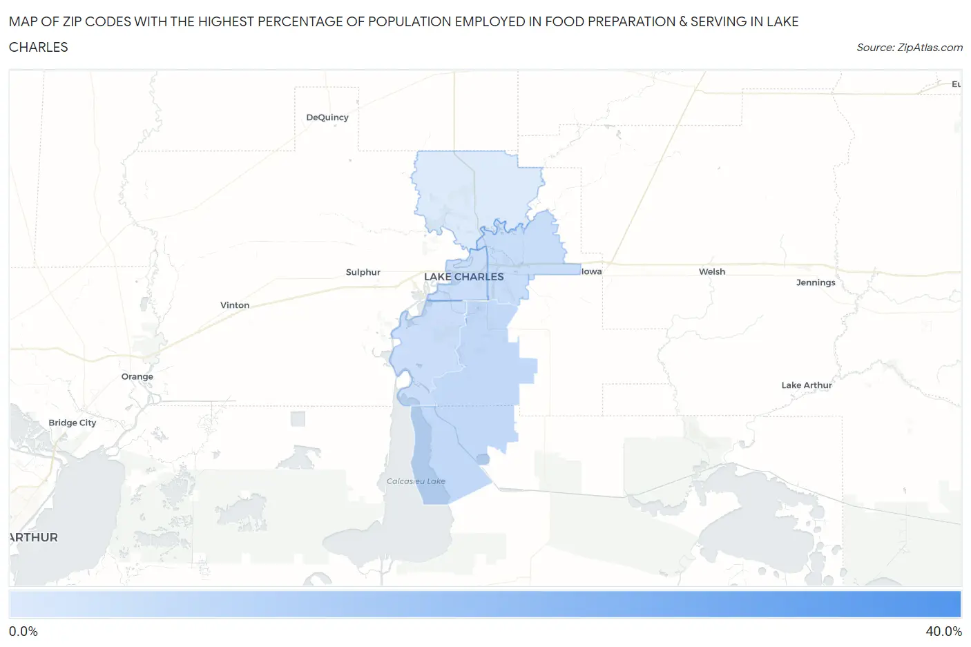 Zip Codes with the Highest Percentage of Population Employed in Food Preparation & Serving in Lake Charles Map