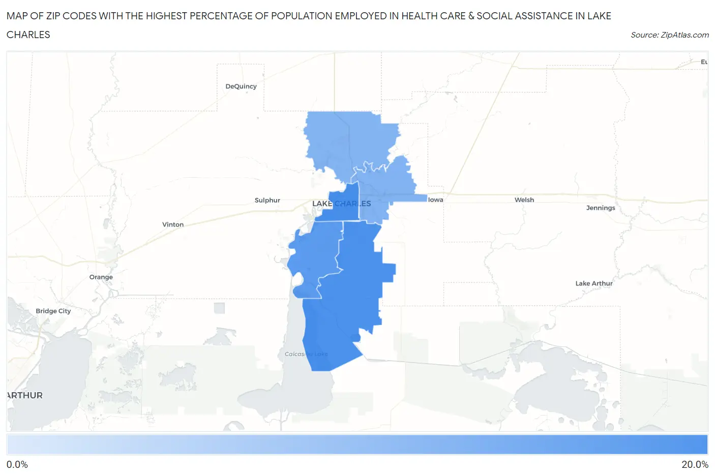 Zip Codes with the Highest Percentage of Population Employed in Health Care & Social Assistance in Lake Charles Map