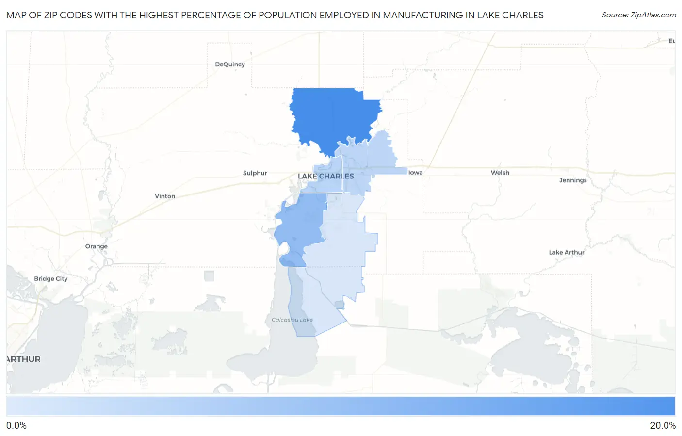 Zip Codes with the Highest Percentage of Population Employed in Manufacturing in Lake Charles Map