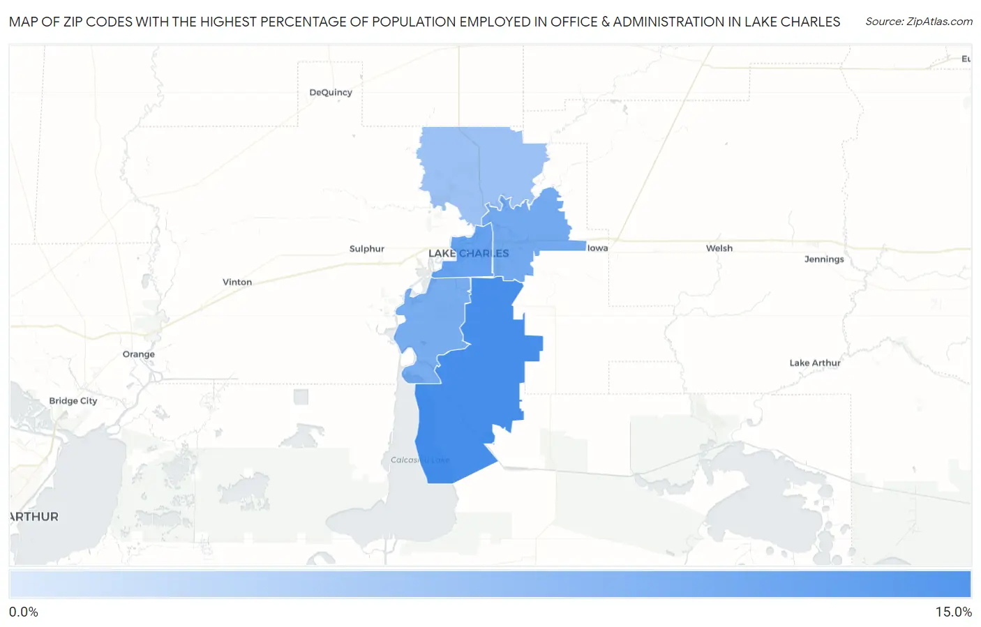 Zip Codes with the Highest Percentage of Population Employed in Office & Administration in Lake Charles Map