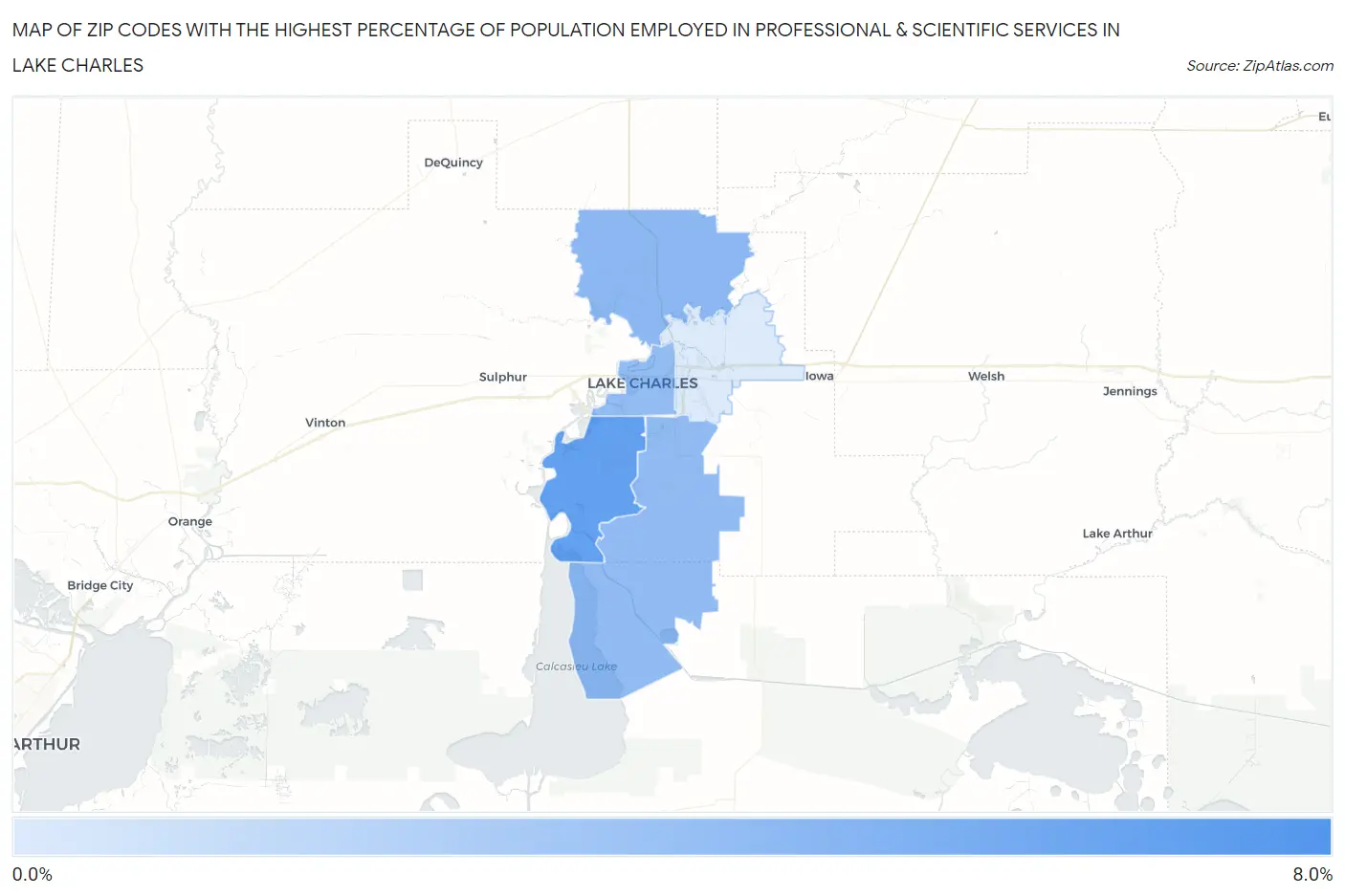 Zip Codes with the Highest Percentage of Population Employed in Professional & Scientific Services in Lake Charles Map