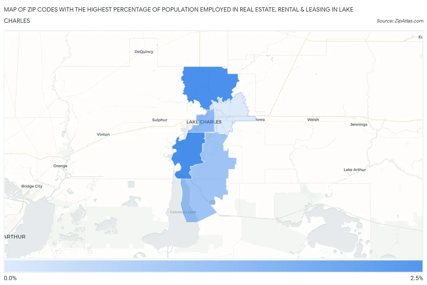 Zip Codes with the Highest Percentage of Population Employed in Real Estate, Rental & Leasing in Lake Charles Map